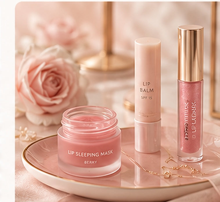 Elegant lip care products with lip mask, balm and gloss