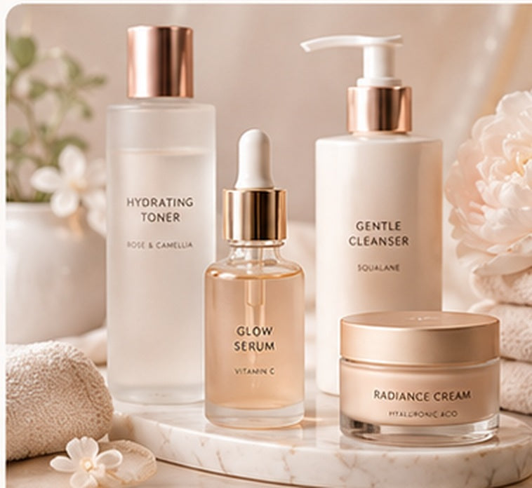 Luxury skincare essentials including toner, serum, cleanser and cream